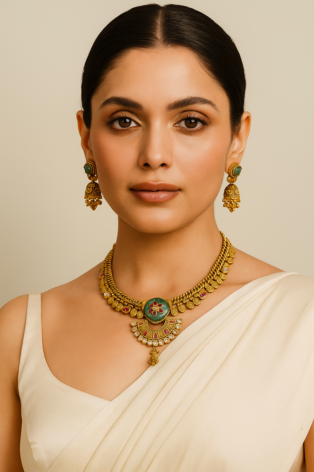 Antique Gold Temple Necklace Set with Green Stone & Ruby Accents – Bridal Jewellery